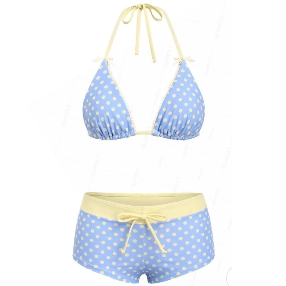 Seamolly Polka Dot Lace Trim Halter Bikini Set Blue Yellow Boyshorts Large